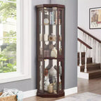 Vitrine d'angle en verre avec éclairage, étagères réglables et fonds de miroir pour salon