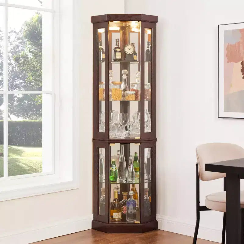 Vitrine d'angle en verre avec éclairage, étagères réglables et fonds de miroir pour salon