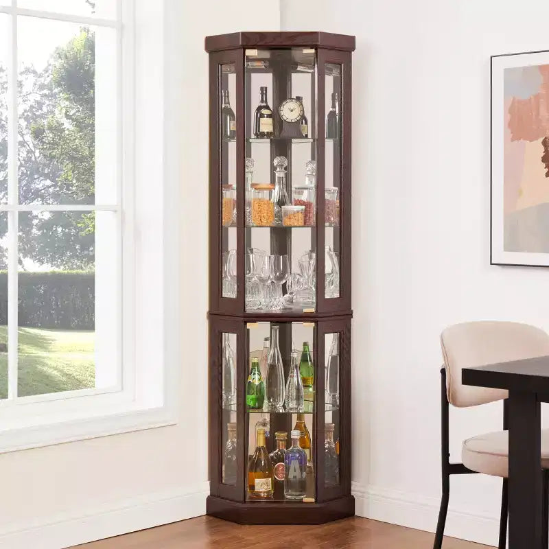 Vitrine d'angle en verre avec éclairage, étagères réglables et fonds de miroir pour salon