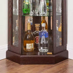 Vitrine d'angle en verre avec éclairage, étagères réglables et fonds de miroir pour salon