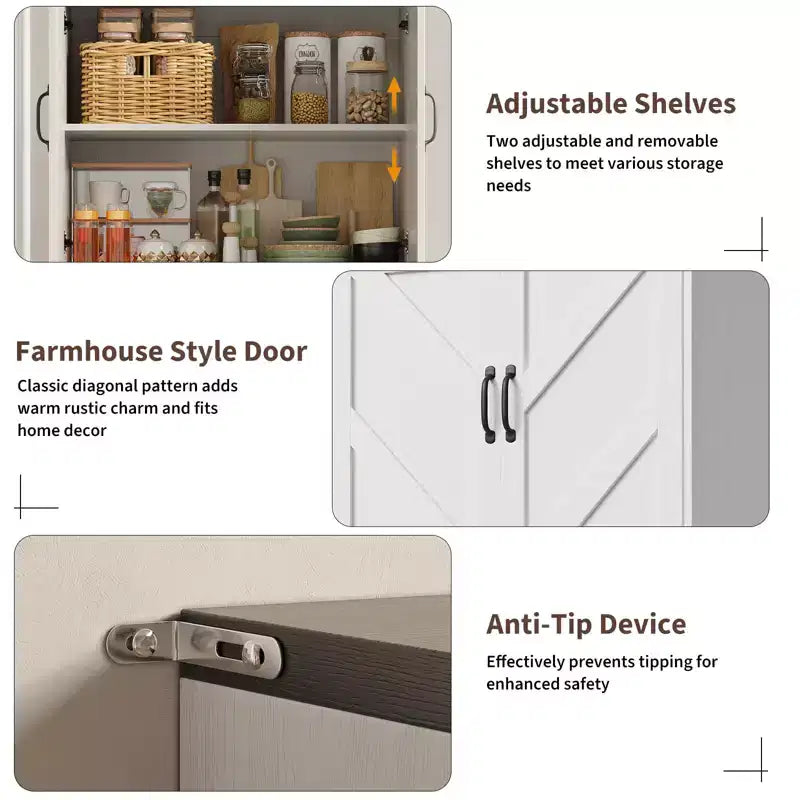 Meuble de rangement pour garde-manger de cuisine de ferme de 69 po | Armoire autoportante avec 4 portes et 2 étagères réglables pour salle à manger et salon