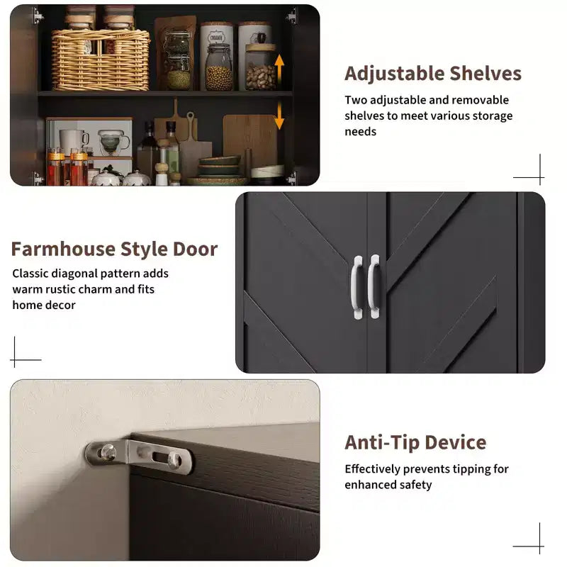 Meuble de rangement pour garde-manger de cuisine de ferme de 69 po | Armoire autoportante avec 4 portes et 2 étagères réglables pour salle à manger et salon
