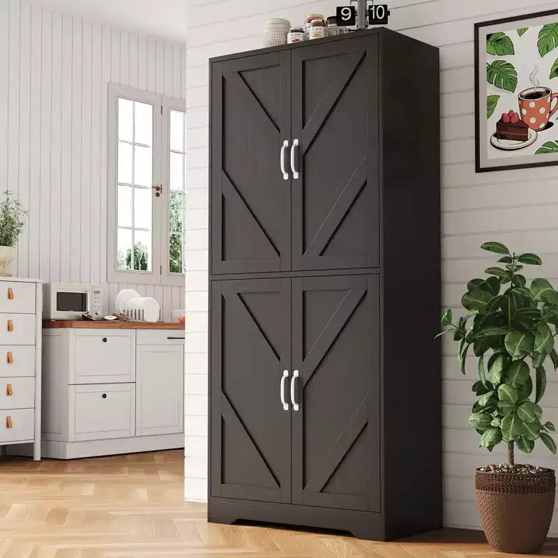 69 Farmhouse Kitchen Pantry Storage Cabinet | Freestanding Cupboard with 4 Doors & 2 Adjustable Shelves for Dining & Living Room