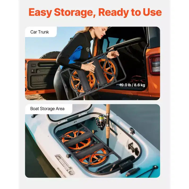 Chariot de kayak VEVOR, capacité de charge de 150 kg, chariot de canoë avec pneus en caoutchouc plein de 38 cm et béquille, montage et démontage en quelques secondes, noir+orange