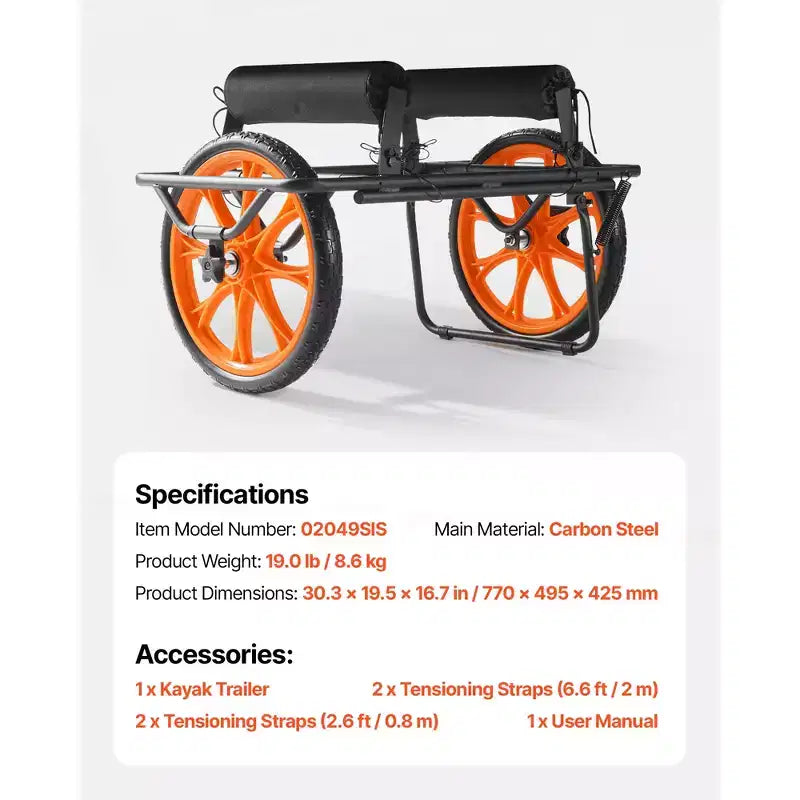 Chariot de kayak VEVOR, capacité de charge de 150 kg, chariot de canoë avec pneus en caoutchouc plein de 38 cm et béquille, montage et démontage en quelques secondes, noir+orange