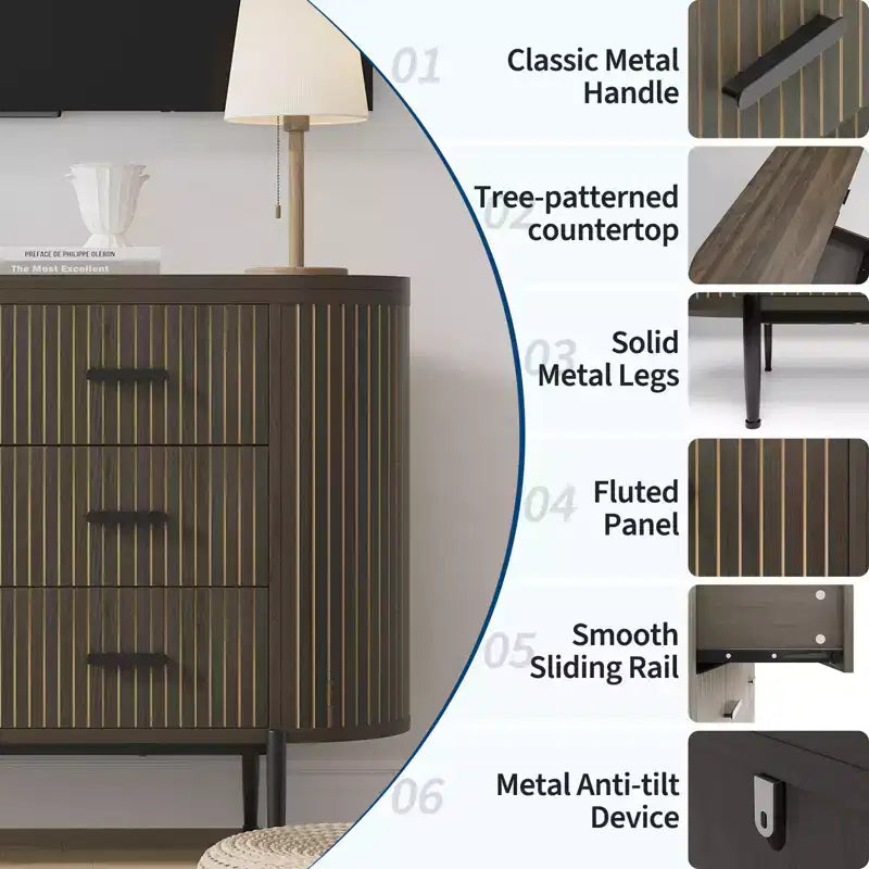 Commode à 6 tiroirs cannelés Mid-Century de 119 cm de large - Poignées métalliques, profil incurvé et pieds robustes, Meuble TV en bois pour chambre à coucher ou salon