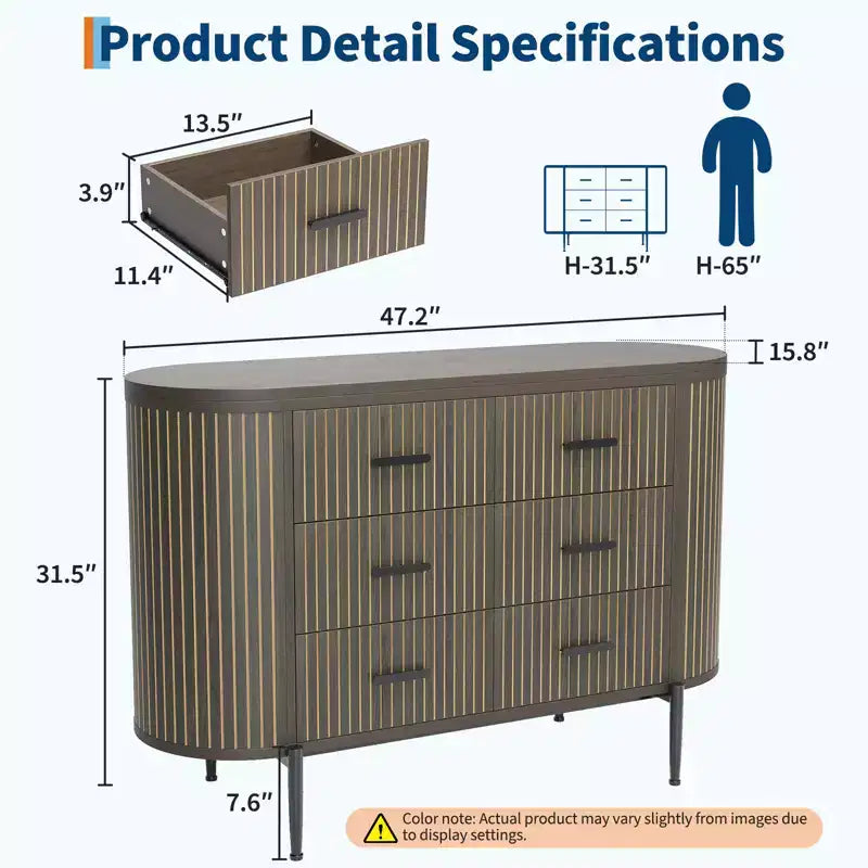 Commode à 6 tiroirs cannelés Mid-Century de 119 cm de large - Poignées métalliques, profil incurvé et pieds robustes, Meuble TV en bois pour chambre à coucher ou salon