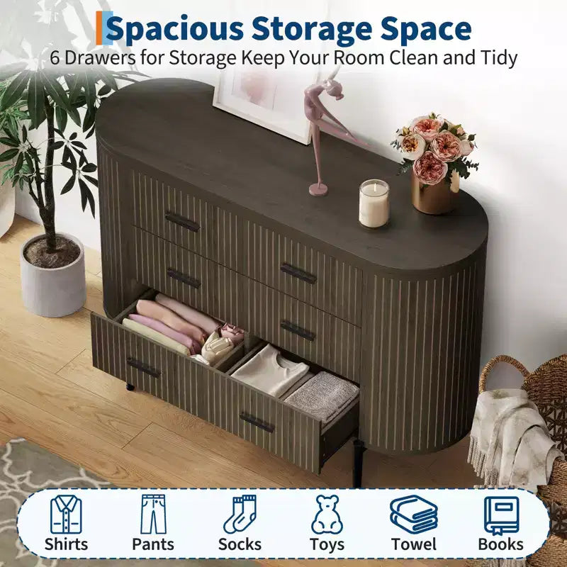 Commode à 6 tiroirs cannelés Mid-Century de 119 cm de large - Poignées métalliques, profil incurvé et pieds robustes, Meuble TV en bois pour chambre à coucher ou salon