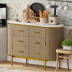 Commode à 6 tiroirs cannelés Mid-Century de 119 cm de large - Poignées métalliques, profil incurvé et pieds robustes, Meuble TV en bois pour chambre à coucher ou salon