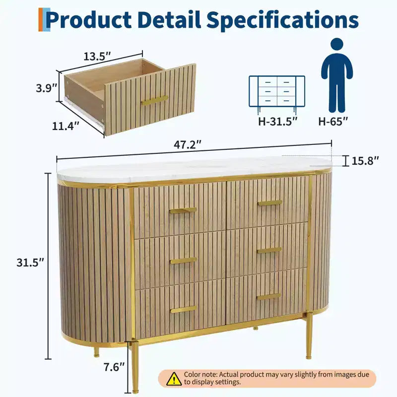 Commode à 6 tiroirs cannelés Mid-Century de 119 cm de large - Poignées métalliques, profil incurvé et pieds robustes, Meuble TV en bois pour chambre à coucher ou salon