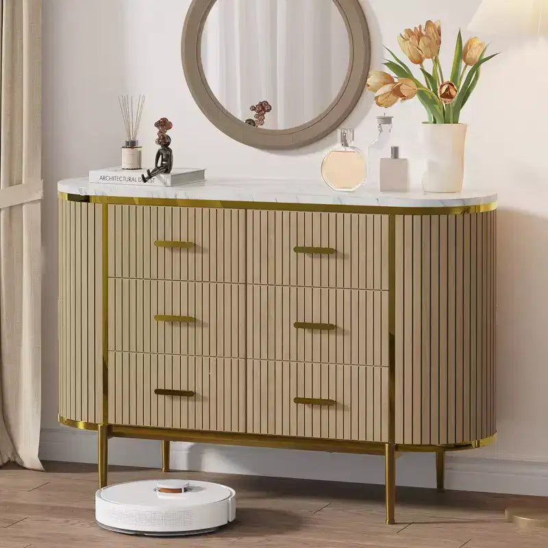 Commode à 6 tiroirs cannelés Mid-Century de 119 cm de large - Poignées métalliques, profil incurvé et pieds robustes, Meuble TV en bois pour chambre à coucher ou salon