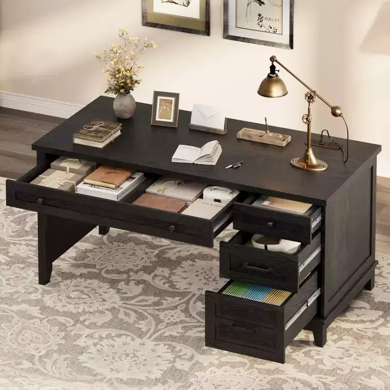 53.54 Farmhouse Executive Desk with Drawers | Wooden Home Office Computer Desk with Charging Station & File Cabinet Storage for Work Study Writing