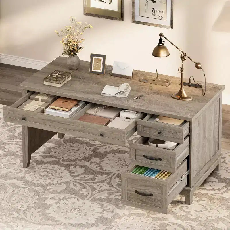 53,54 Bureau de direction de ferme avec tiroirs | Bureau d'ordinateur en bois pour bureau à domicile avec station de charge et classeur de rangement pour le travail, les études, l'écriture