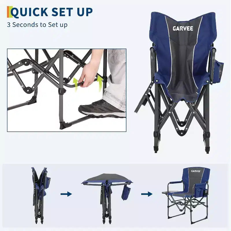 Chaise pliante de camping pour adultes - Chaise de jardin portable avec table d'appoint, pochette et porte-boissons, chaise de réalisateur robuste pour camping-car, plage, jardin