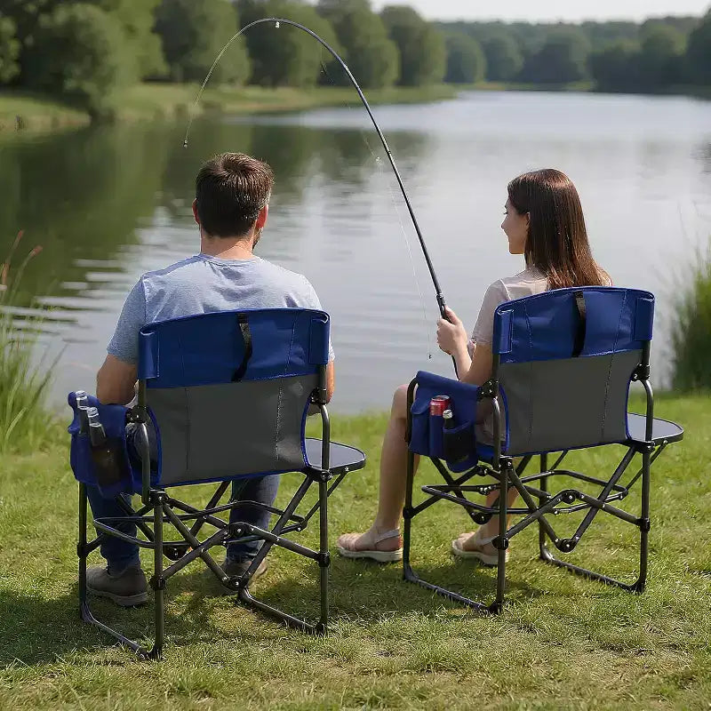 Chaise pliante de camping pour adultes - Chaise de jardin portable avec table d'appoint, pochette et porte-boissons, chaise de réalisateur robuste pour camping-car, plage, jardin