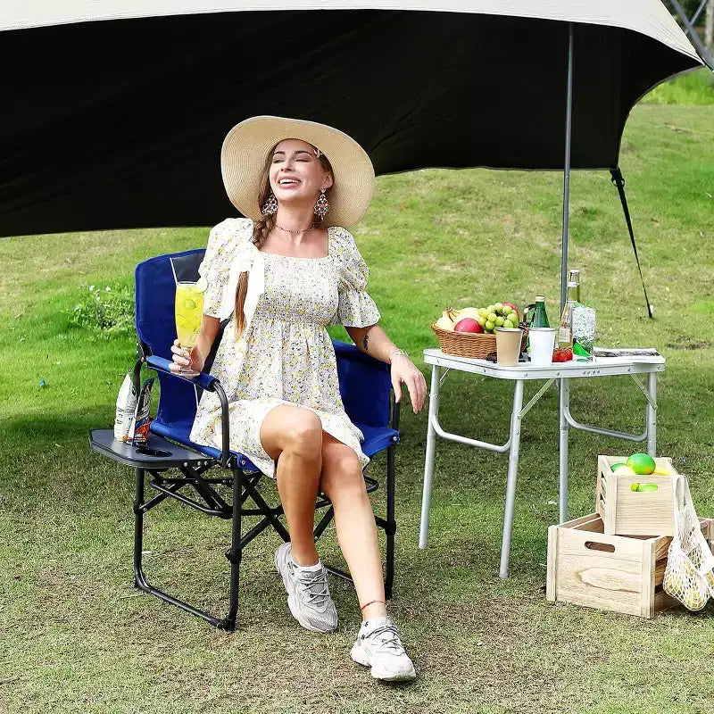 Chaise pliante de camping pour adultes - Chaise de jardin portable avec table d'appoint, pochette et porte-boissons, chaise de réalisateur robuste pour camping-car, plage, jardin
