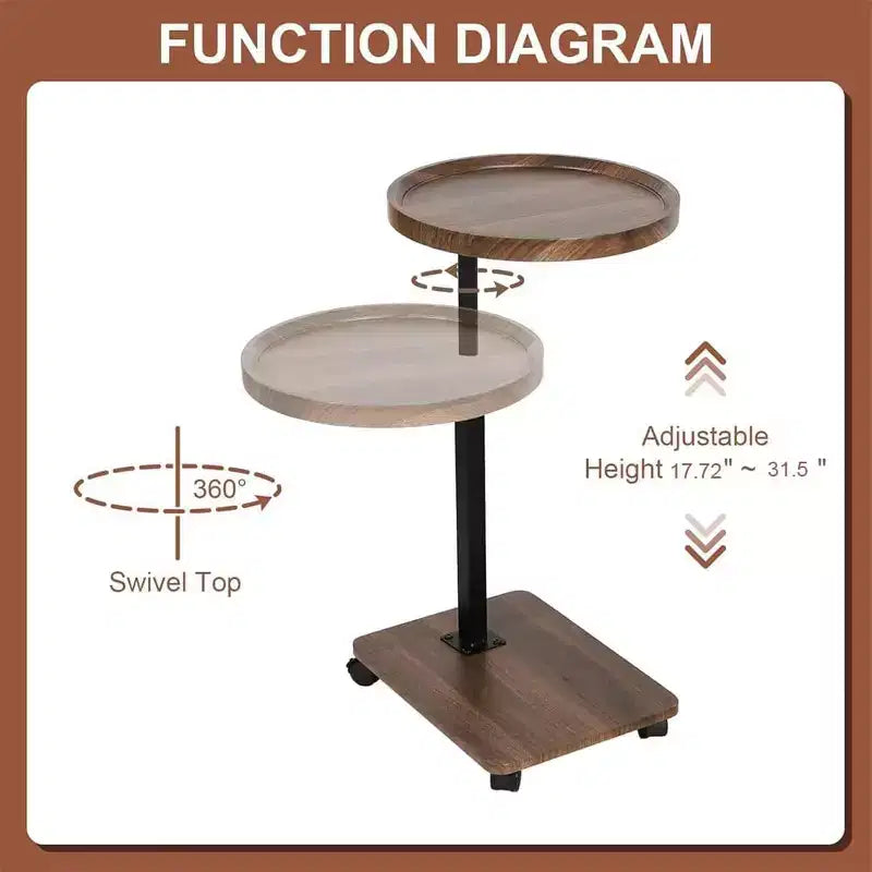 Table d'appoint ronde à 2 niveaux, table d'appoint rotative à 360° réglable en hauteur avec rangement et roulettes, tables de service mobiles pour salon, salle de bain, chambre à coucher