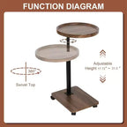Table d'appoint ronde à 2 niveaux, table d'appoint rotative à 360° réglable en hauteur avec rangement et roulettes, tables de service mobiles pour salon, salle de bain, chambre à coucher