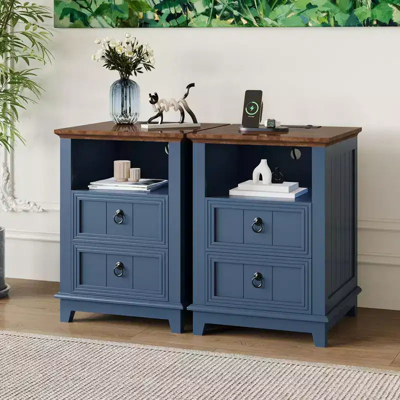 Modern Farmhouse bedside table with Charging Station, 2 Drawers & Open Shelf, for Bedroom, Living Room