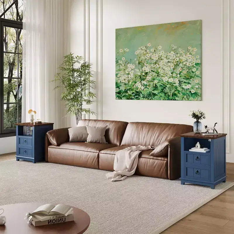 Table de chevet moderne de style ferme avec station de recharge, 2 tiroirs et étagère ouverte, pour chambre à coucher, salon