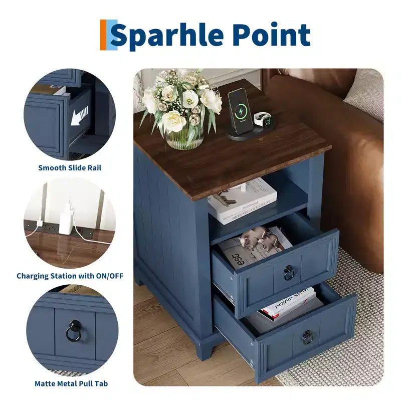 Table de chevet moderne de style ferme avec station de recharge, 2 tiroirs et étagère ouverte, pour chambre à coucher, salon