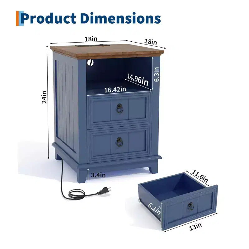 Table de chevet moderne de style ferme avec station de recharge, 2 tiroirs et étagère ouverte, pour chambre à coucher, salon