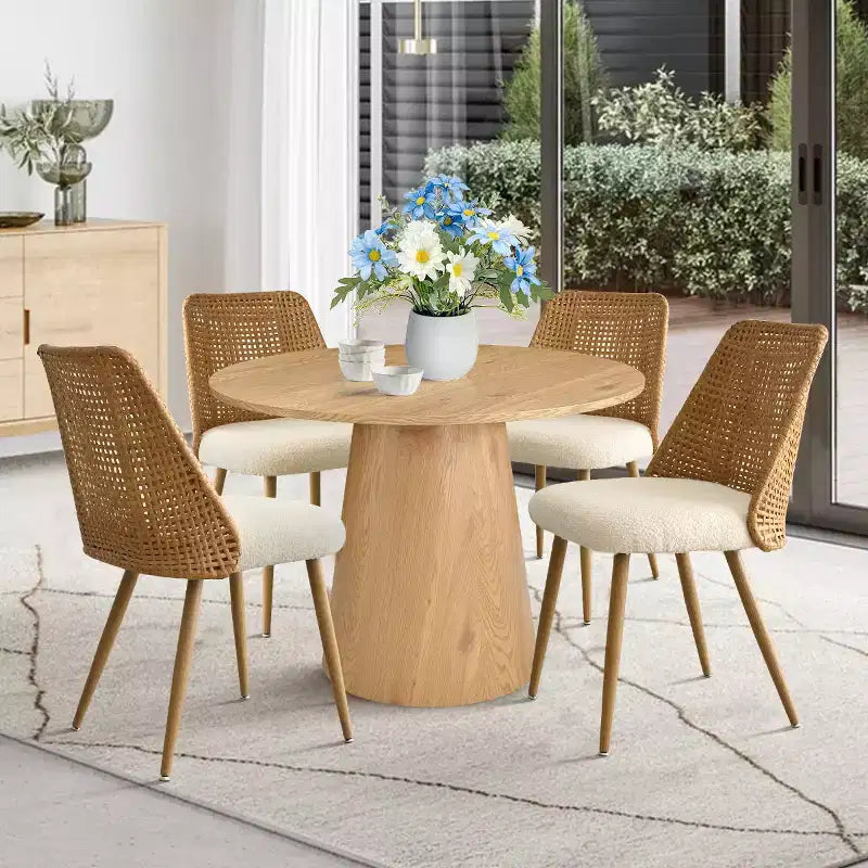 Ensemble de salle à manger rond 5 pièces, table à piédestal de 89 cm et chaises de salle à manger rembourrées avec dossiers en rotin, idéal pour la salle à manger - Panipeachy