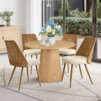 Ensemble de salle à manger rond 5 pièces, table à piédestal de 89 cm et chaises de salle à manger rembourrées avec dossiers en rotin, idéal pour la salle à manger - Panipeachy