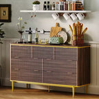 Commode à 7 tiroirs pour chambre à coucher, commode cannelée en bois, meuble de rangement, support TV au design incurvé avec poignées métalliques dorées pour le salon