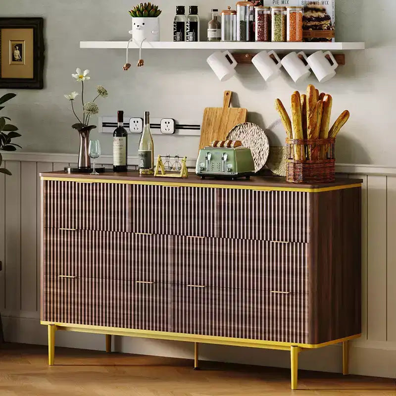 Commode à 7 tiroirs pour chambre à coucher, commode cannelée en bois, meuble de rangement, support TV au design incurvé avec poignées métalliques dorées pour le salon