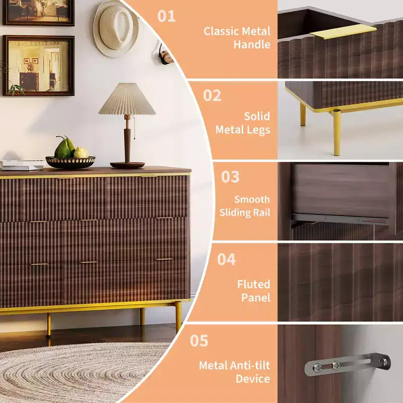 Commode à 7 tiroirs pour chambre à coucher, commode cannelée en bois, meuble de rangement, support TV au design incurvé avec poignées métalliques dorées pour le salon