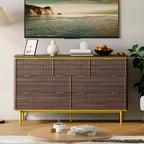 Commode à 7 tiroirs pour chambre à coucher, commode cannelée en bois, meuble de rangement, support TV au design incurvé avec poignées métalliques dorées pour le salon