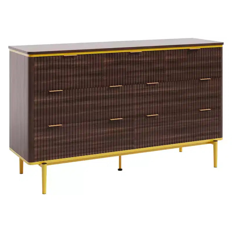 Commode à 7 tiroirs pour chambre à coucher, commode cannelée en bois, meuble de rangement, support TV au design incurvé avec poignées métalliques dorées pour le salon