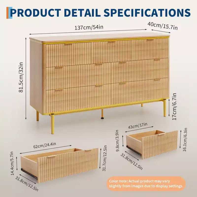 Commode à 7 tiroirs pour chambre à coucher, commode cannelée en bois, meuble de rangement, support TV au design incurvé avec poignées métalliques dorées pour le salon