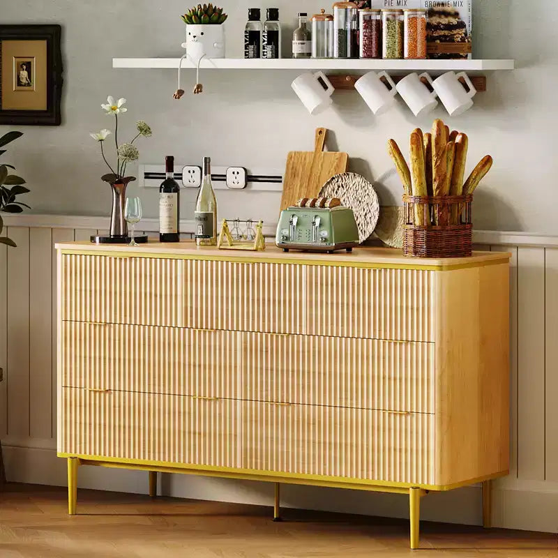 Commode à 7 tiroirs pour chambre à coucher, commode cannelée en bois, meuble de rangement, support TV au design incurvé avec poignées métalliques dorées pour le salon