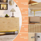 Commode à 7 tiroirs pour chambre à coucher, commode cannelée en bois, meuble de rangement, support TV au design incurvé avec poignées métalliques dorées pour le salon