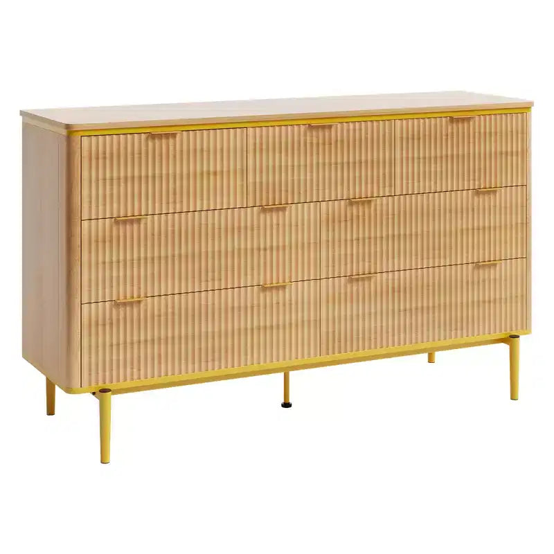 Commode à 7 tiroirs pour chambre à coucher, commode cannelée en bois, meuble de rangement, support TV au design incurvé avec poignées métalliques dorées pour le salon