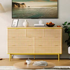 Commode à 7 tiroirs pour chambre à coucher, commode cannelée en bois, meuble de rangement, support TV au design incurvé avec poignées métalliques dorées pour le salon