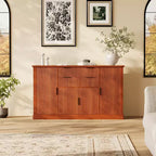 Buffet de rangement cannelé 58 po avec tiroirs et portes, console de style ferme moderne avec tablette réglable et poignées dorées pour salles à manger et salons