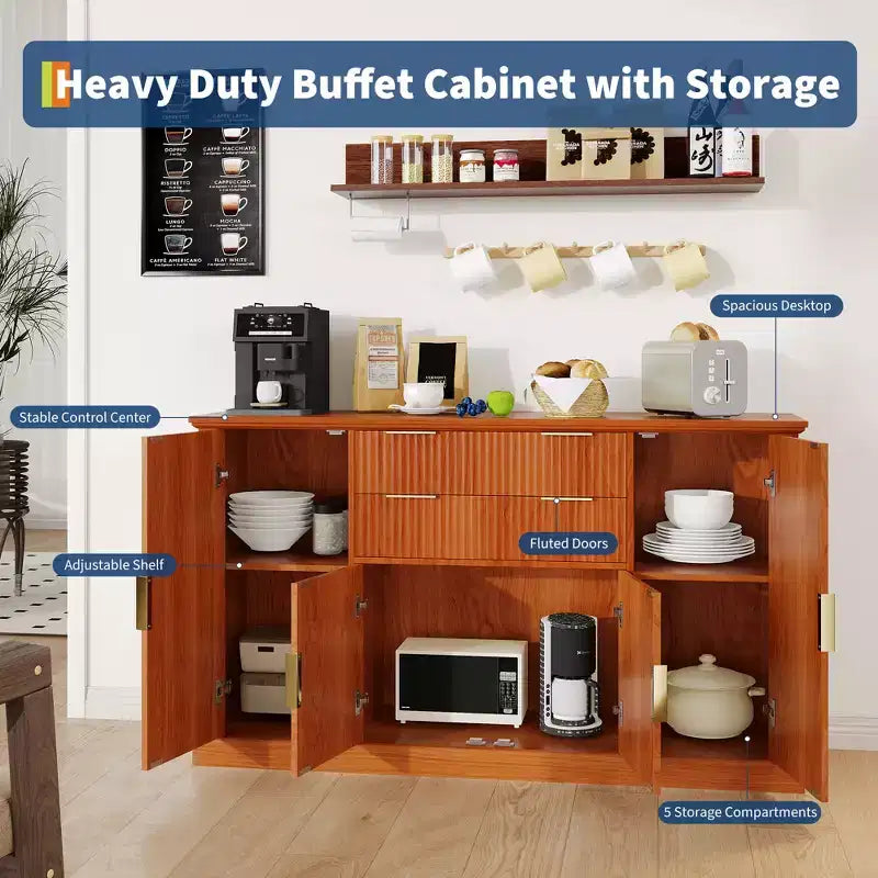 Buffet de rangement cannelé 58 po avec tiroirs et portes, console de style ferme moderne avec tablette réglable et poignées dorées pour salles à manger et salons