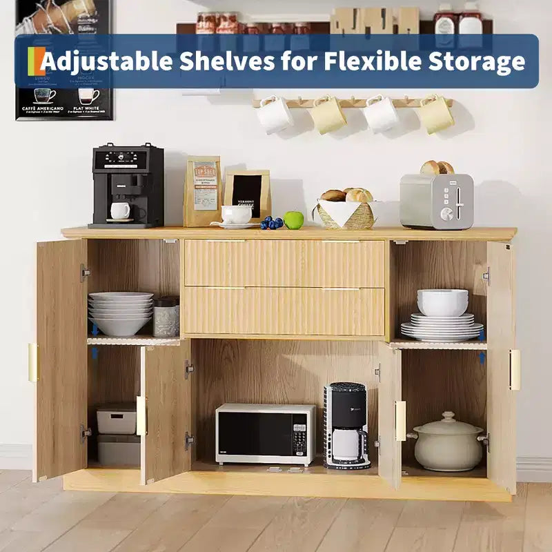 Buffet de rangement cannelé 58 po avec tiroirs et portes, console de style ferme moderne avec tablette réglable et poignées dorées pour salles à manger et salons