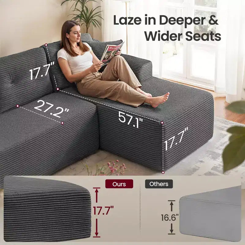 VASAGLE Canapé sans accoudoirs de 275 cm avec méridienne, assise profonde, en velours côtelé en forme de L pour salon, méridienne à droite