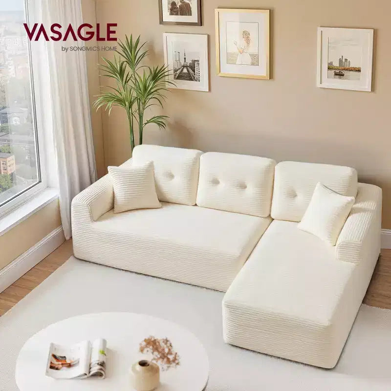VASAGLE Canapé sans accoudoirs de 275 cm avec méridienne, assise profonde, en velours côtelé en forme de L pour salon, méridienne à droite