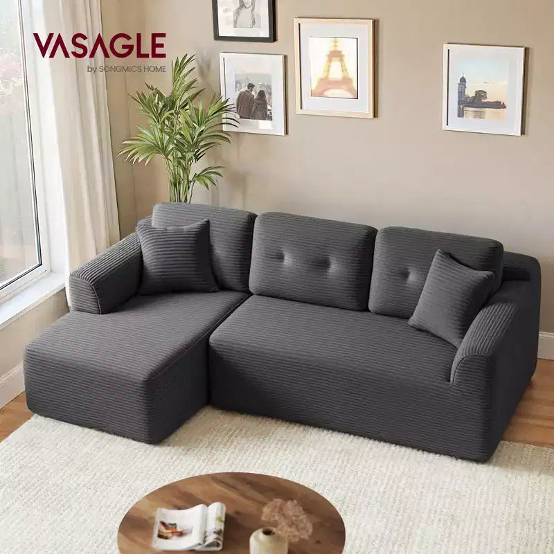 VASAGLE Canapé sans accoudoirs de 275 cm avec méridienne, assise profonde, en velours côtelé en forme de L pour salon, méridienne à droite