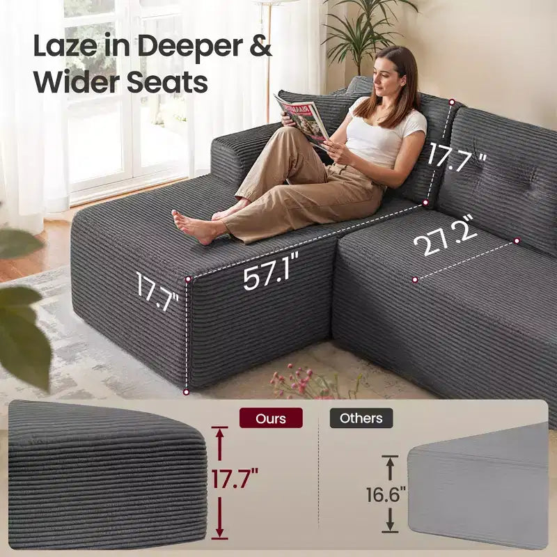 VASAGLE Canapé sans accoudoirs de 275 cm avec méridienne, assise profonde, en velours côtelé en forme de L pour salon, méridienne à droite
