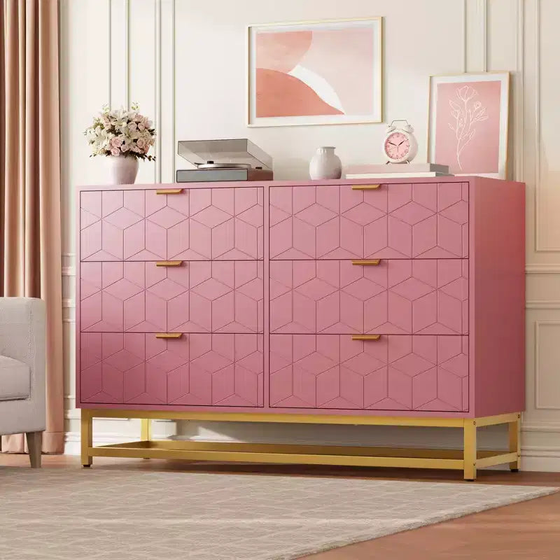 Commode de chambre à coucher, commode large en bois à 6 tiroirs avec pieds en métal, organisateur de commode moderne