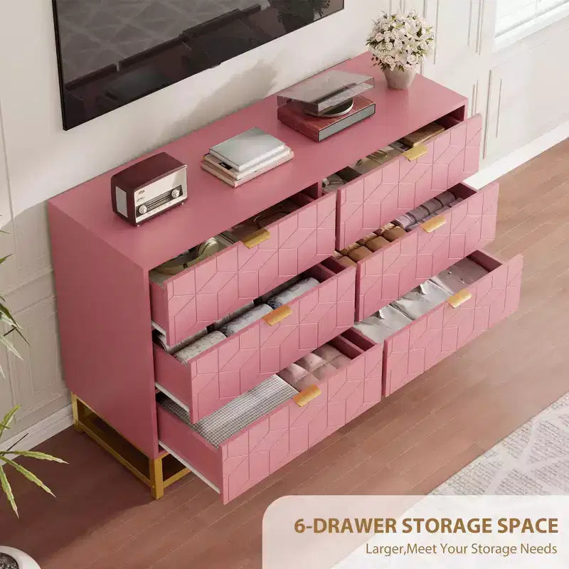 Commode de chambre à coucher, commode large en bois à 6 tiroirs avec pieds en métal, organisateur de commode moderne