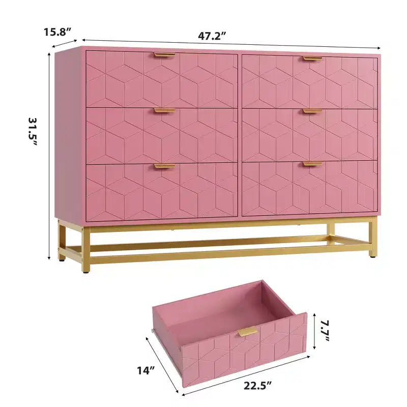 Commode de chambre à coucher, commode large en bois à 6 tiroirs avec pieds en métal, organisateur de commode moderne