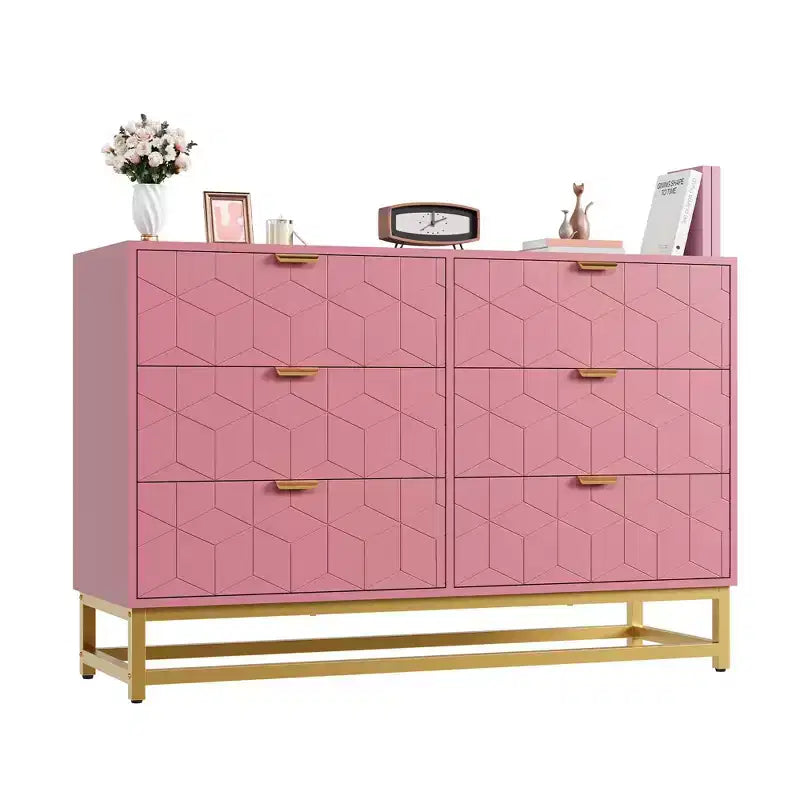Commode de chambre à coucher, commode large en bois à 6 tiroirs avec pieds en métal, organisateur de commode moderne
