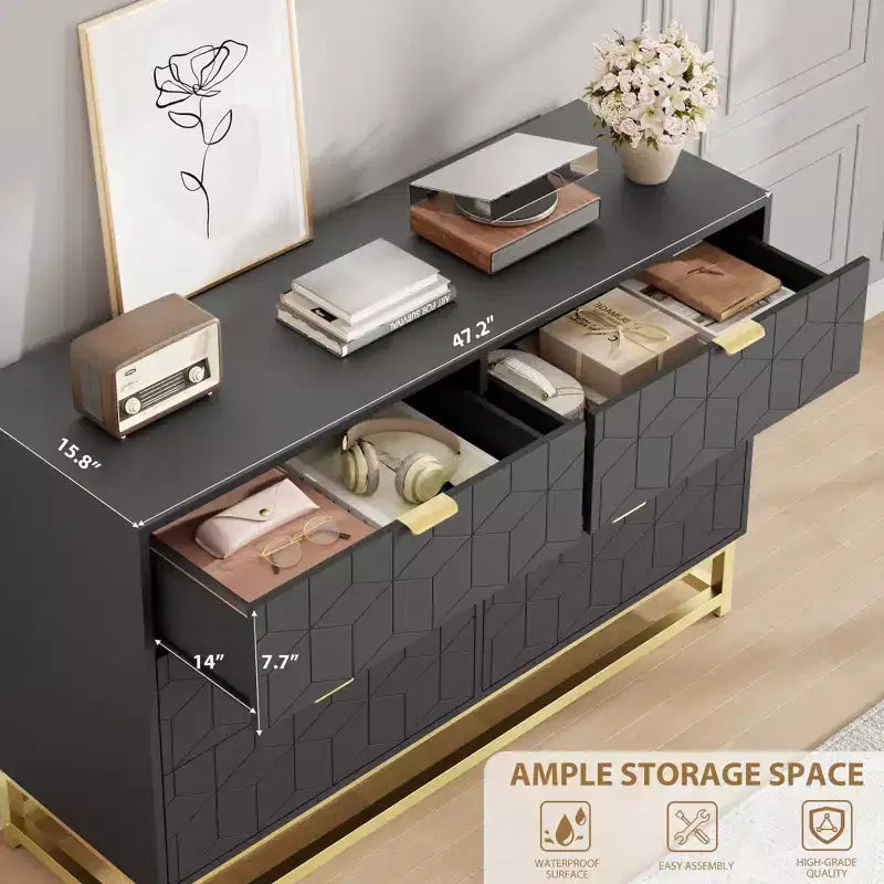 Commode de chambre à coucher, commode large en bois à 6 tiroirs avec pieds en métal, organisateur de commode moderne